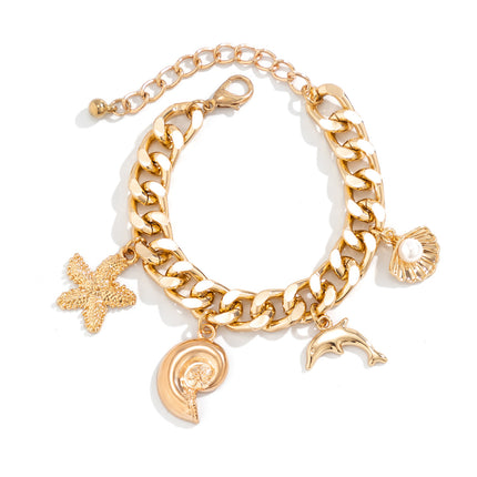Gold Charm Choker Necklace & Bracelet Set for Women – Dolphin & Starfish Pendant Jewelry