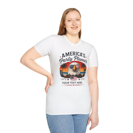 America's Party Planner T-Shirt — Patriotic Eagle Fourth of July Tee (Custom Text)