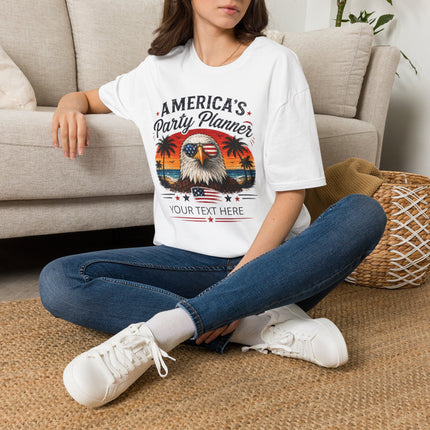 America's Party Planner T-Shirt — Patriotic Eagle Fourth of July Tee (Custom Text)