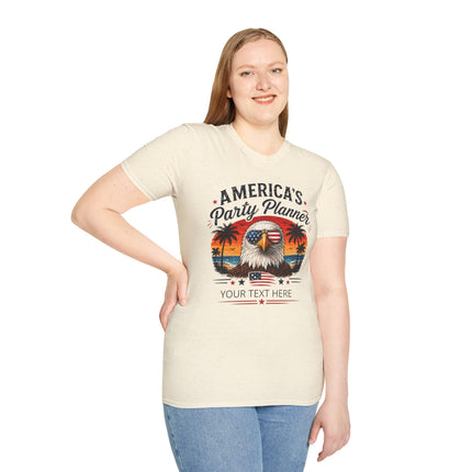 America's Party Planner T-Shirt — Patriotic Eagle Fourth of July Tee (Custom Text)