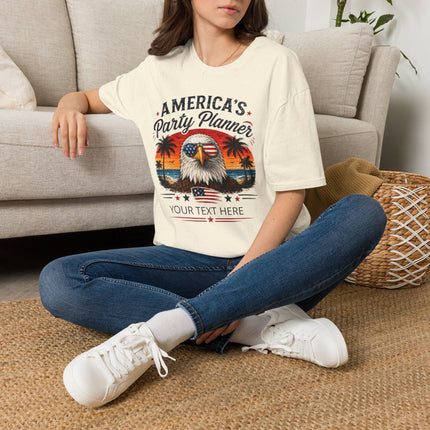 America's Party Planner T-Shirt — Patriotic Eagle Fourth of July Tee (Custom Text)
