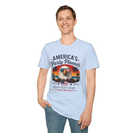 America's Party Planner T-Shirt — Patriotic Eagle Fourth of July Tee (Custom Text)