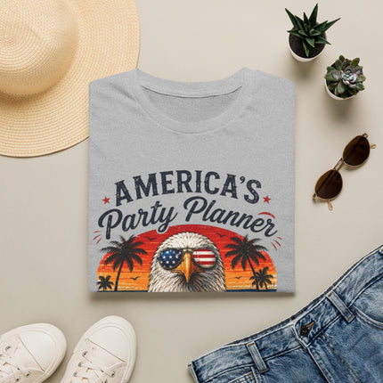 America's Party Planner T-Shirt — Patriotic Eagle Fourth of July Tee (Custom Text)