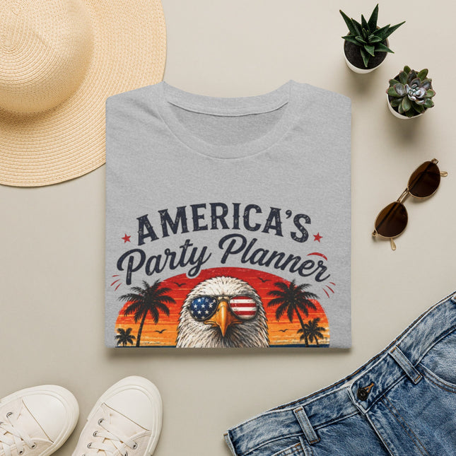America's Party Planner T-Shirt — Patriotic Eagle Fourth of July Tee (Custom Text)