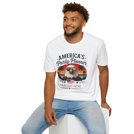 America's Party Planner T-Shirt — Patriotic Eagle Fourth of July Tee (Custom Text)