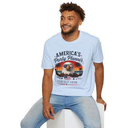 America's Party Planner T-Shirt — Patriotic Eagle Fourth of July Tee (Custom Text)