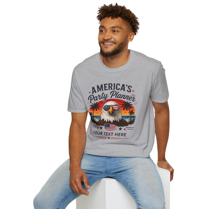 America's Party Planner T-Shirt — Patriotic Eagle Fourth of July Tee (Custom Text)