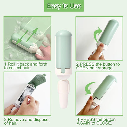 Instructions on how to use a pet hair removal tool with step-by-step illustrations.