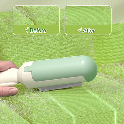 Green pet hair remover on a green surface with 'Before' and 'After' comparisons.
