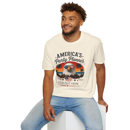 America's Party Planner T-Shirt — Patriotic Eagle Fourth of July Tee (Custom Text)