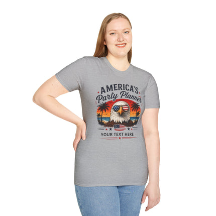 America's Party Planner T-Shirt — Patriotic Eagle Fourth of July Tee (Custom Text)