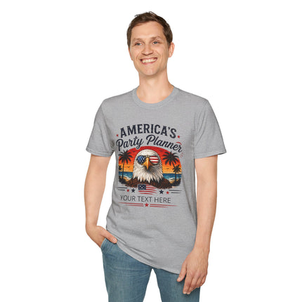 America's Party Planner T-Shirt — Patriotic Eagle Fourth of July Tee (Custom Text)