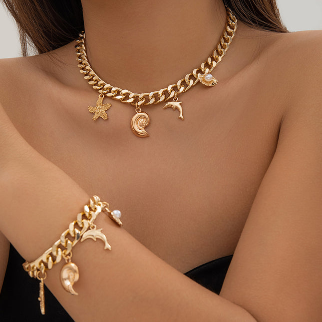 Gold Charm Choker Necklace & Bracelet Set for Women – Dolphin & Starfish Pendant Jewelry