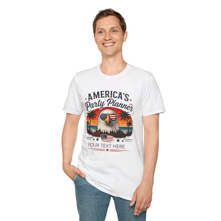 America's Party Planner T-Shirt — Patriotic Eagle Fourth of July Tee (Custom Text)
