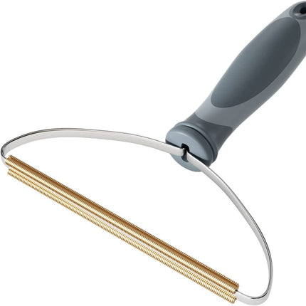 Metal lint roller with a gray handle on a white background
