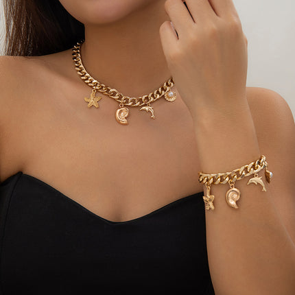 Gold Charm Choker Necklace & Bracelet Set for Women – Dolphin & Starfish Pendant Jewelry