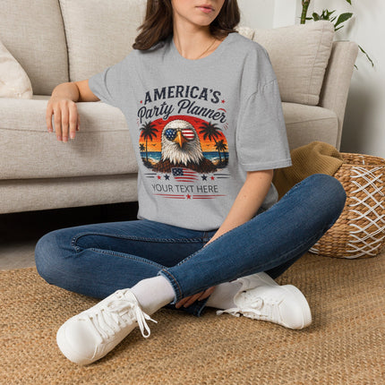 America's Party Planner T-Shirt — Patriotic Eagle Fourth of July Tee (Custom Text)