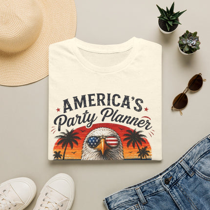 America's Party Planner T-Shirt — Patriotic Eagle Fourth of July Tee (Custom Text)
