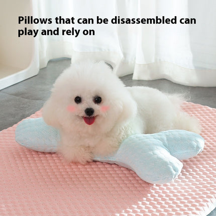 White fluffy dog lying on a disassembled pillow with text above it.