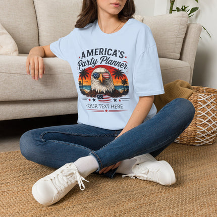 America's Party Planner T-Shirt — Patriotic Eagle Fourth of July Tee (Custom Text)