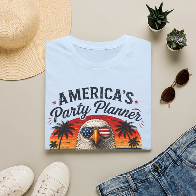 America's Party Planner T-Shirt — Patriotic Eagle Fourth of July Tee (Custom Text)
