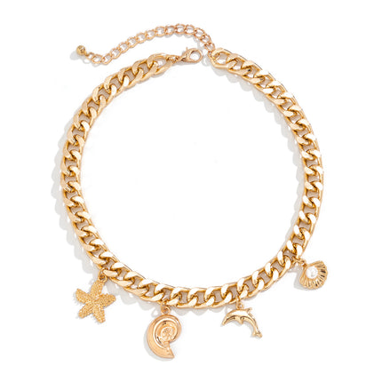 Gold Charm Choker Necklace & Bracelet Set for Women – Dolphin & Starfish Pendant Jewelry
