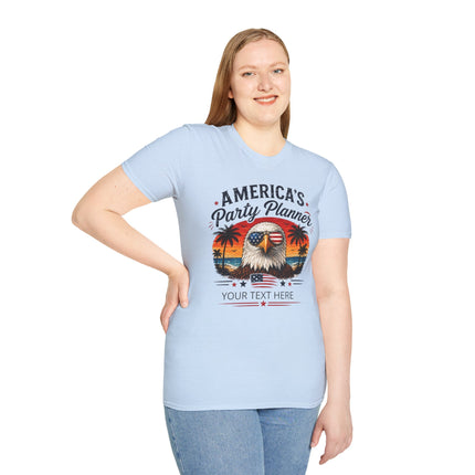 America's Party Planner T-Shirt — Patriotic Eagle Fourth of July Tee (Custom Text)
