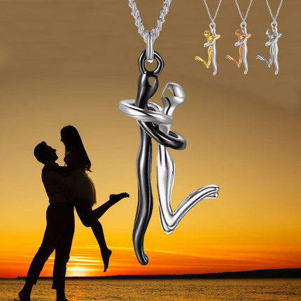 18K couple hug pendant necklace with minimalist romantic design and silver-tone chain.