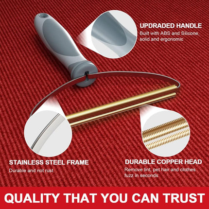 Cleaning tool with upgraded handle, stainless steel frame, and durable copper head on a red background.