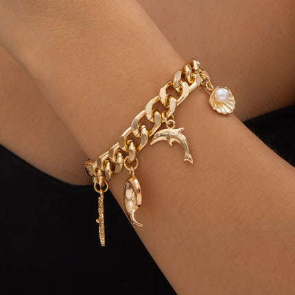 Gold Charm Choker Necklace & Bracelet Set for Women – Dolphin & Starfish Pendant Jewelry