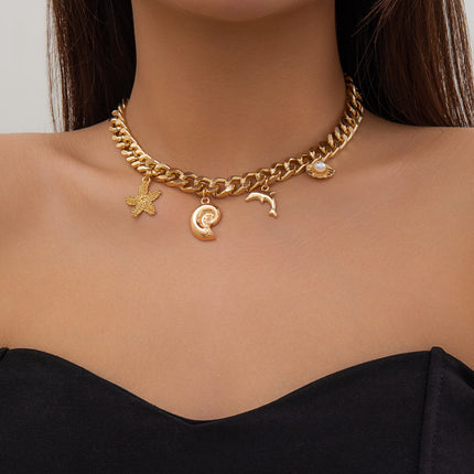 Gold Charm Choker Necklace & Bracelet Set for Women – Dolphin & Starfish Pendant Jewelry