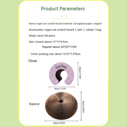 Product parameters card for an organ cat scratch board with dimensions and features.