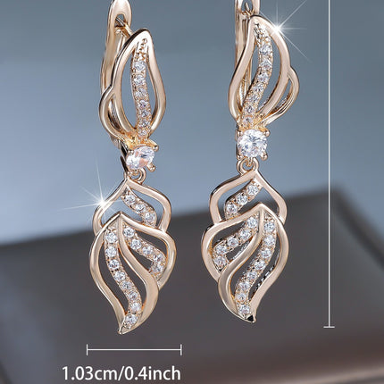 Luxury Leaf Crystal Drop Earrings for Women – Elegant Champagne Gold Earrings