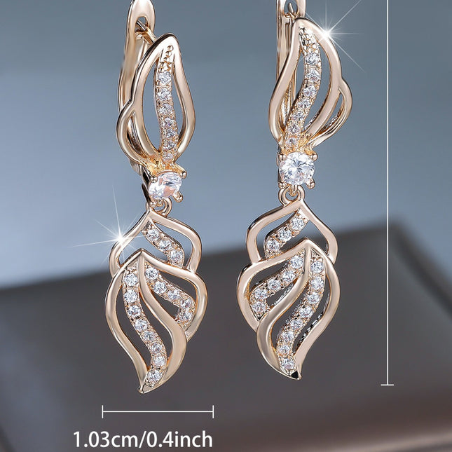 Luxury Leaf Crystal Drop Earrings for Women – Elegant Champagne Gold Earrings